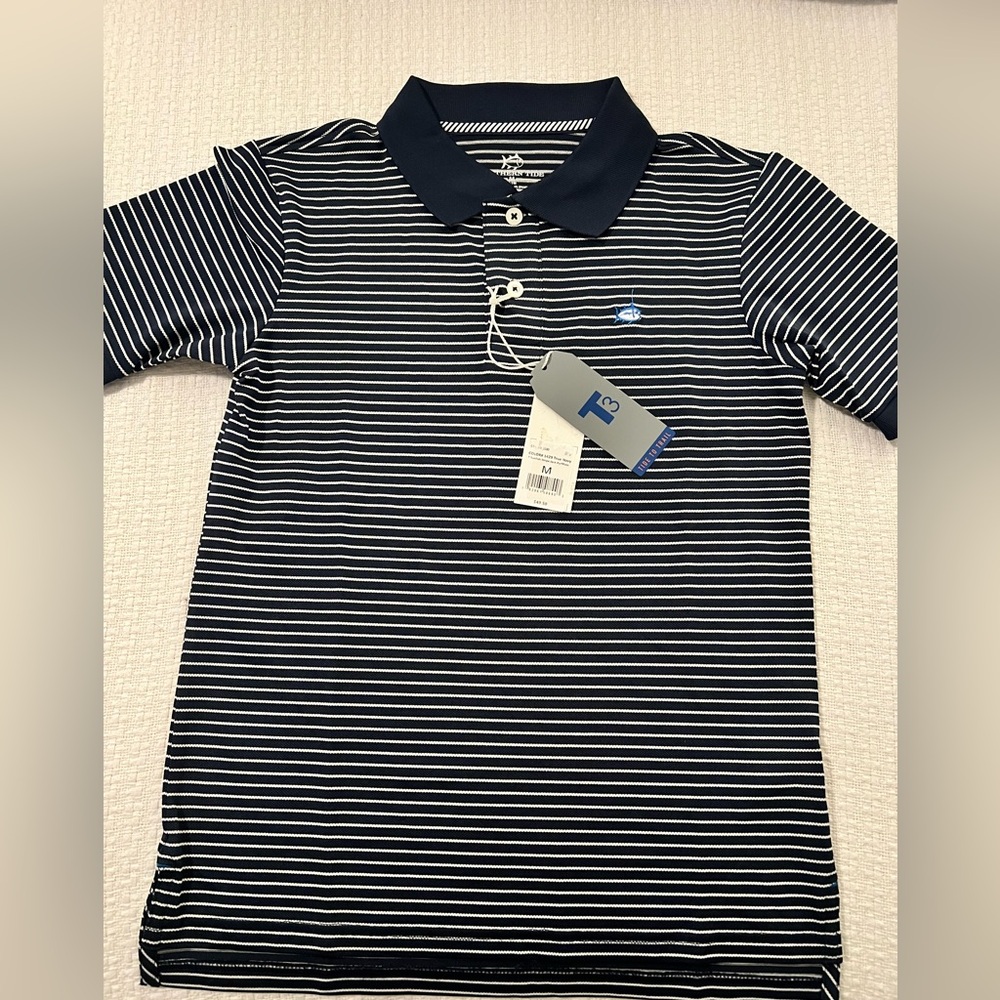 BNWT Southern Tide Boys Navy and White Striped Polo Size 8-10
